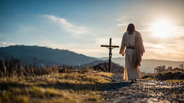 Robed figure walks down country road toward cross at sunrise symbolizing spiritual journey faith reflection and path to redemption