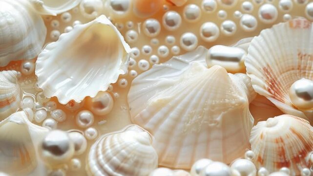 Video A detailed shot of seashells and pearls arranged on a flat surface, perfect for use in still life or decorative designs