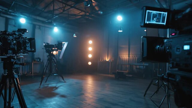 Film studio setup with multiple cameras and lighting in a creative workspace during evening hours