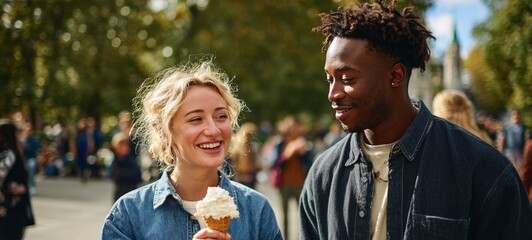 Woman and man sharing ice cream cone outdoors.