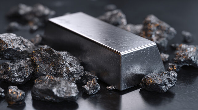 Platinum bar surrounded by raw platinum ore on a dark reflective surface.