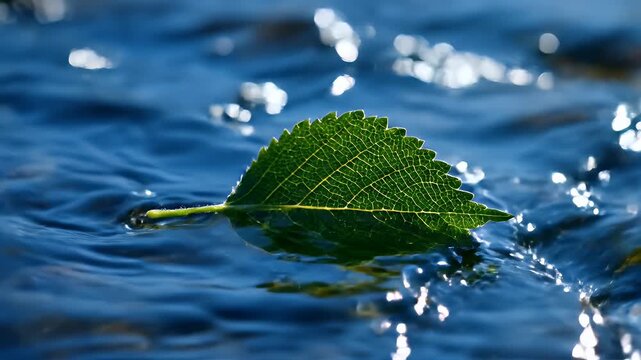 Green leaf floating on water with sparkling reflections, serene nature scene.