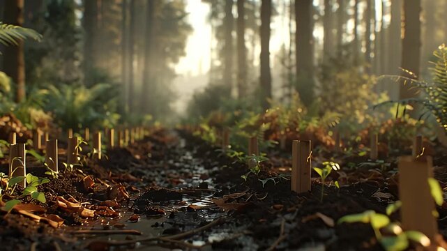 Cinematic close-up of young saplings planted along a muddy forest path, bathed in morning light, representing reforestation and environmental renewal.