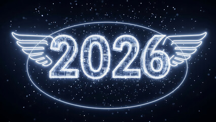 2026 futuristic glowing digital numbers with wings in oval frame on dark background with particles