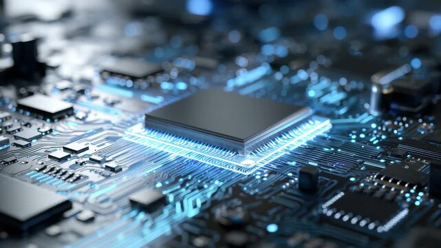 Extreme close-up of a central processing unit on a glowing blue circuit board technology computer