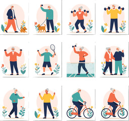 Naklejka premium Active senior lifestyle vector illustration set featuring elderly people exercising, walking, cycling, and playing sports for health and wellness themes