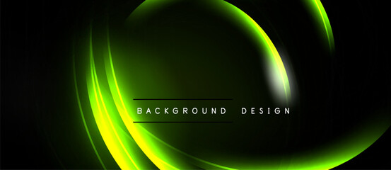 Abstract neon lines form oval shape over dark background. Modern design element for digital projects. Simple, vibrant, stylish.
