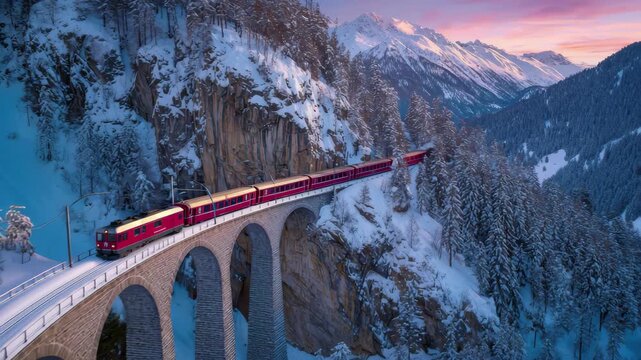 Scenic red train crossing a snow-covered viaduct in a majestic mountain landscape at sunset railway winter