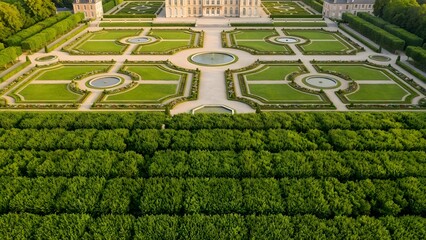 Aerial View of Symmetrical Garden Design with Pathways and Green Lawns.