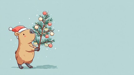 Cute capybara wearing santa hat with tree