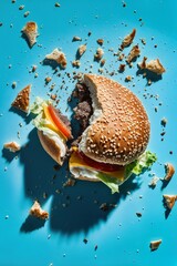 Smashed sesame burger crumbs on bright blue