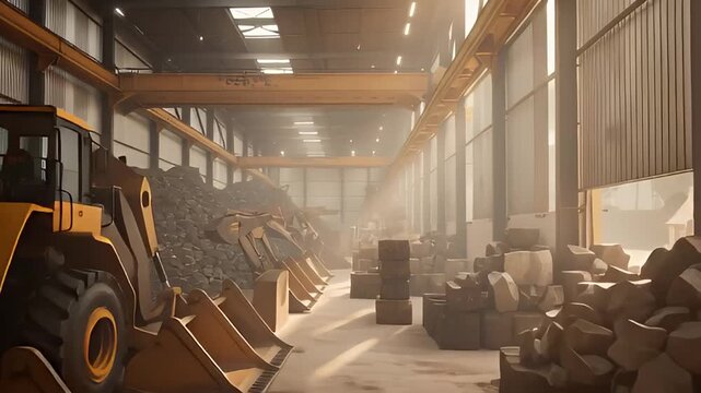 Dynamic perspective of a large-scale industrial processing facility, featuring heavy earthmoving equipment and stored aggregates under dramatic lighting.
