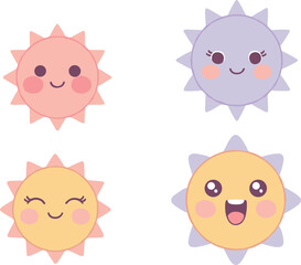 Cute pastel cartoon sun characters set with happy expressions, kawaii sunshine illustration for nursery art, kids designs, stickers, and adorable graphics