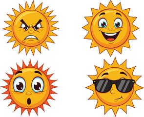 Cute cartoon sun emoji characters set with angry, happy, surprised, and cool expressions, bright sunshine illustration for emotions, weather, and summer designs