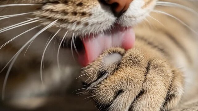 Extreme Close-Up Of Feline Tongue Licking Paw, Showing Papillae Texture
