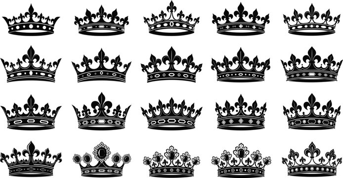 Vintage ornate crown silhouette vector collection featuring royal decorative designs for luxury themes, monarchy symbols, and elegant graphic artwork