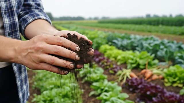 Farmer Holding Rich Dark Soil Against A Vegetable Background