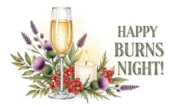 Happy burns night celebration with champagne and florals