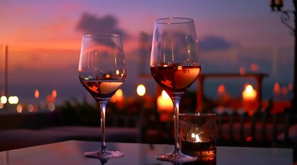 Two wine glasses sit on a table, with a sunset and candles in the background
