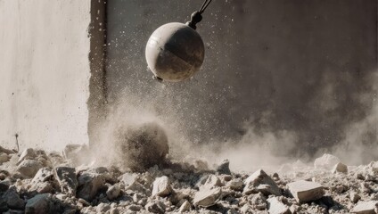 Wrecking Ball Demolishing Building with Dust and Debris.