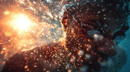 A swimmer is underwater in a pool surrounded by bubbles and light. The swimmer wears goggles while focusing on stroke technique. Water splashes around him as he trains.