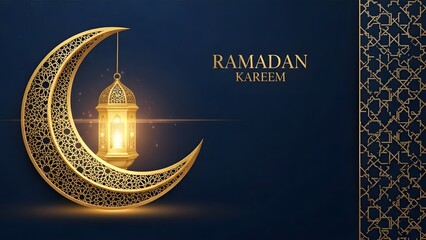 Ramadan kareem greeting with golden crescent moon and lantern