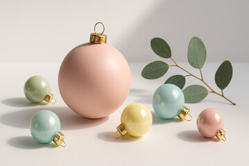 Pastel Christmas Ornament Arrangement with Eucalyptus Branch and Soft Lighting