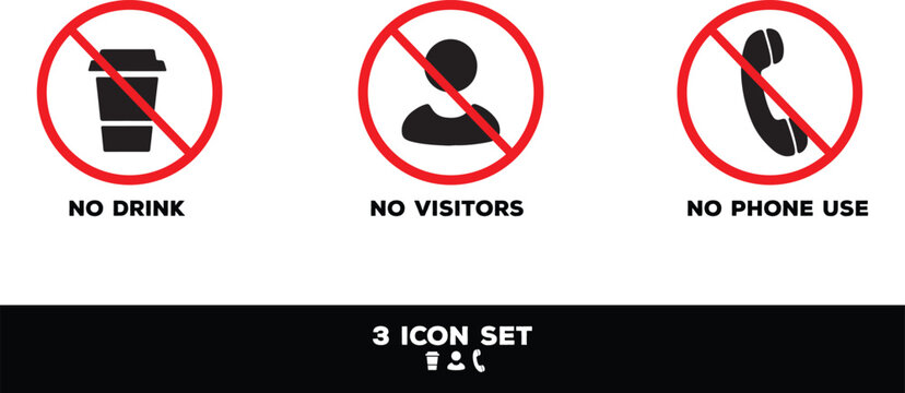 No food or drink, no visitors, and no phone use are prohibited symbols suitable for hospital, clinic, laboratory, or quiet area signage