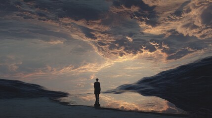 Fototapeta premium A tall figure stands by the water's edge gazing at the colorful sunset. Clouds fill the sky creating a dramatic scene. The surrounding landscape is calm and empty highlighting solitude.