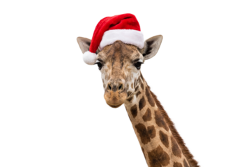 Funny giraffe wearing Santa hat, isolated on transparent background, Christmas wildlife portrait