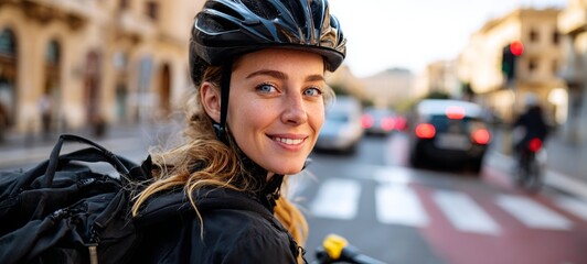 Woman riding bicycle in city street.