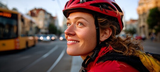 Woman cyclist riding bike down city street.