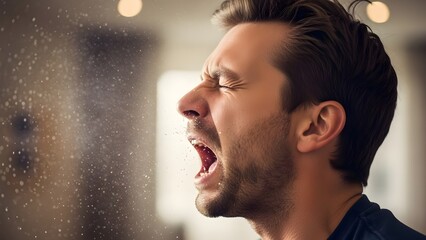 Man Sneezing in Indoor Environment During Cold Season.