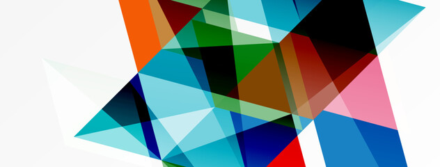 Abstract geometric shapes overlap, creating vibrant color blends. Composition features sharp angles, dynamic forms, modern design.