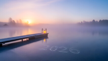 New Year Sunrise: A serene waterscape bathes in the soft glow of a sunrise, with the number 2020 etched on the water's surface, a wooden dock and lantern evokes a sense of tranquility, hope.