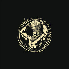 vintage engraving illustration featuring the Titan Atlas bearing the immense weight of the celestial sphere or world globe above his head