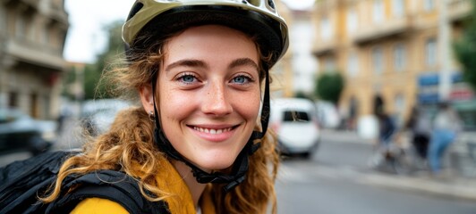 Woman riding bicycle in city street.