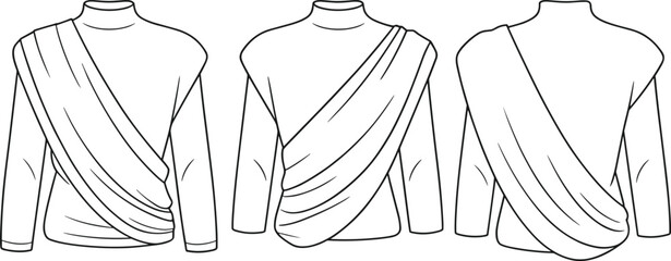 Elegant draped top fashion vector template showcasing front and back views, detailed garment illustration for apparel design, sewing pattern reference