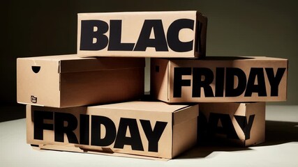 Stacked cardboard boxes with bold black friday text create strong visual message about massive seasonal sale offers and modern retail promotion