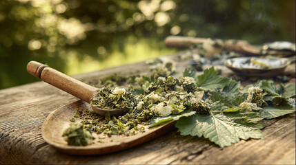 concoction. Crushed medicinal herbs mixed into a paste on a large leaf. menu design, packaging mockups, designed for culinary blogs and recipe cards for restaurants, simplifies recipe learning.

