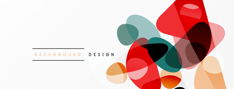 Abstract colorful shapes overlap white space. Modern design elements create dynamic visual texture. Simple, clean aesthetic.