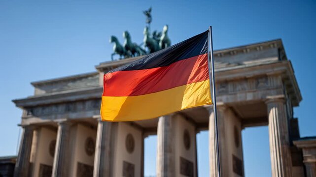 german flag waving in front of brannenburger gate berlin germany