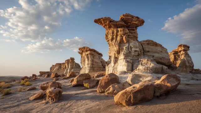 Rock formations rise against a colorful sky at sunset in a remote desert landscape showcasing nature's beauty and unique geology