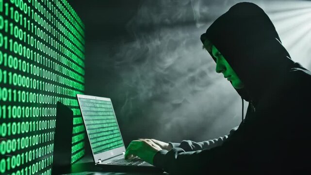 Mysterious Hacker Using Laptop Surrounded by Green Binary Code and Smoke in Dark Room