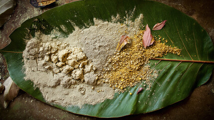 concoction. Crushed medicinal herbs mixed into a paste on a large leaf. menu design, packaging mockups, designed for culinary blogs and recipe cards for restaurants, simplifies recipe learning.