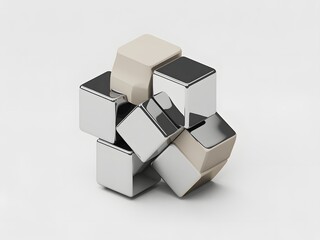 Abstract geometric structure made of interlocking chrome and beige cubes on a white background