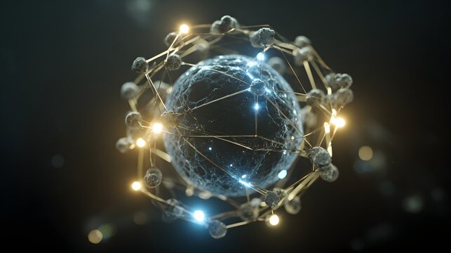 Molecular nodes orbiting central glowing sphere, minimal sci-tech composition
