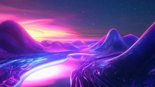 Luminous river of liquid light winding through a futuristic alien landscape of undulating purple, pink and blue hills beneath a star filled, dreamlike night sky