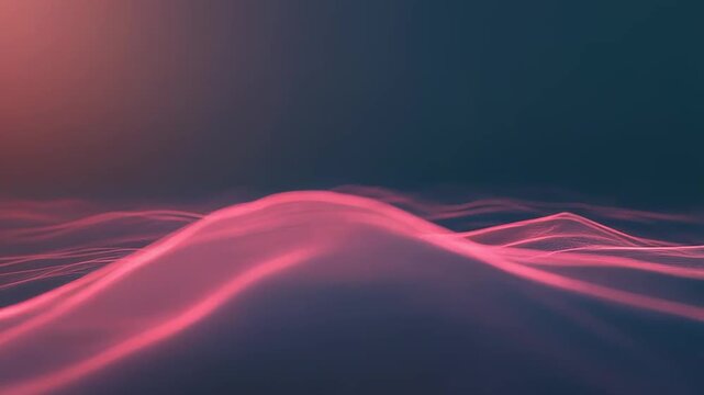 Abstract digital landscape featuring glowing pink wireframe waves on a dark background, representing data flow, networking, and technological innovation