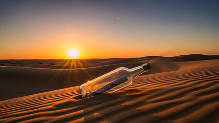 Message in a Bottle: A solitary bottle, bearing a mysterious message, rests upon the undulating sands of a desert at sunset, evoking feelings of hope and mystery. 